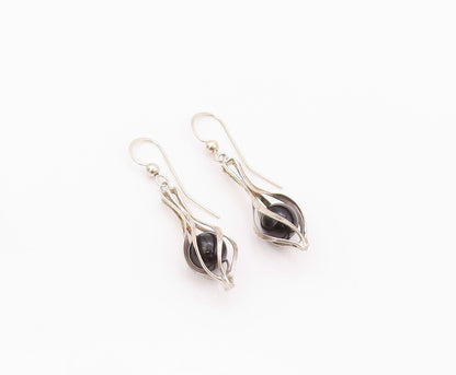 925 Sterling Silver Vintage Earrings Modernist Cutout Cage Cabochon Onyx EG13496