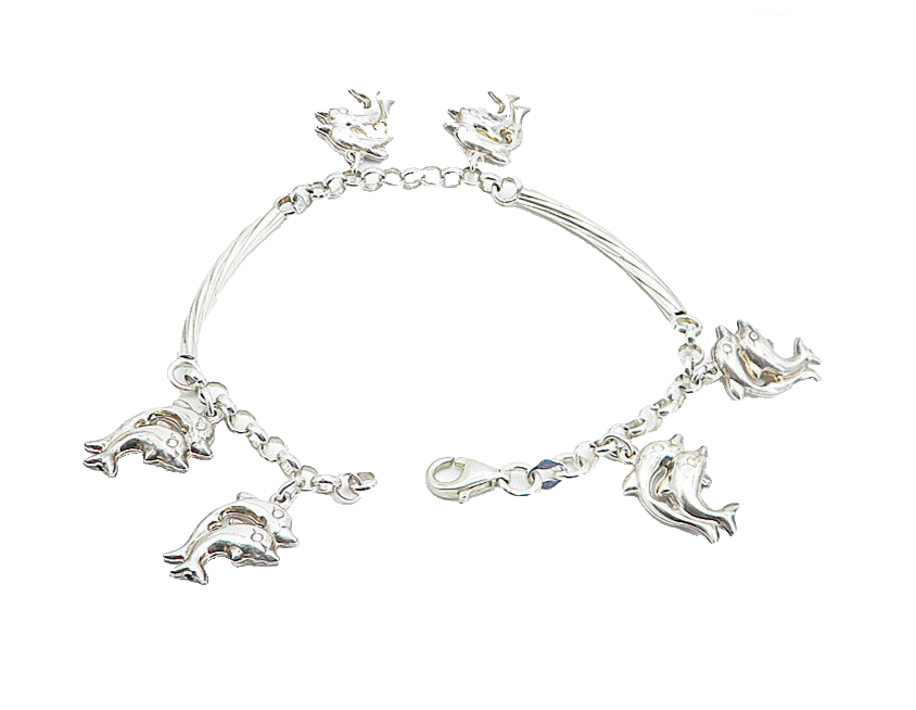 925 Sterling Silver  Polished Dolphin Charmed Bar Link Chain Bracelet  BT3322