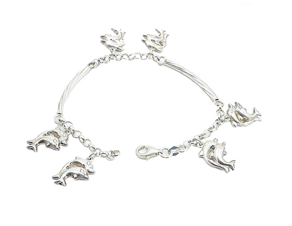 925 Sterling Silver  Polished Dolphin Charmed Bar Link Chain Bracelet  BT3322