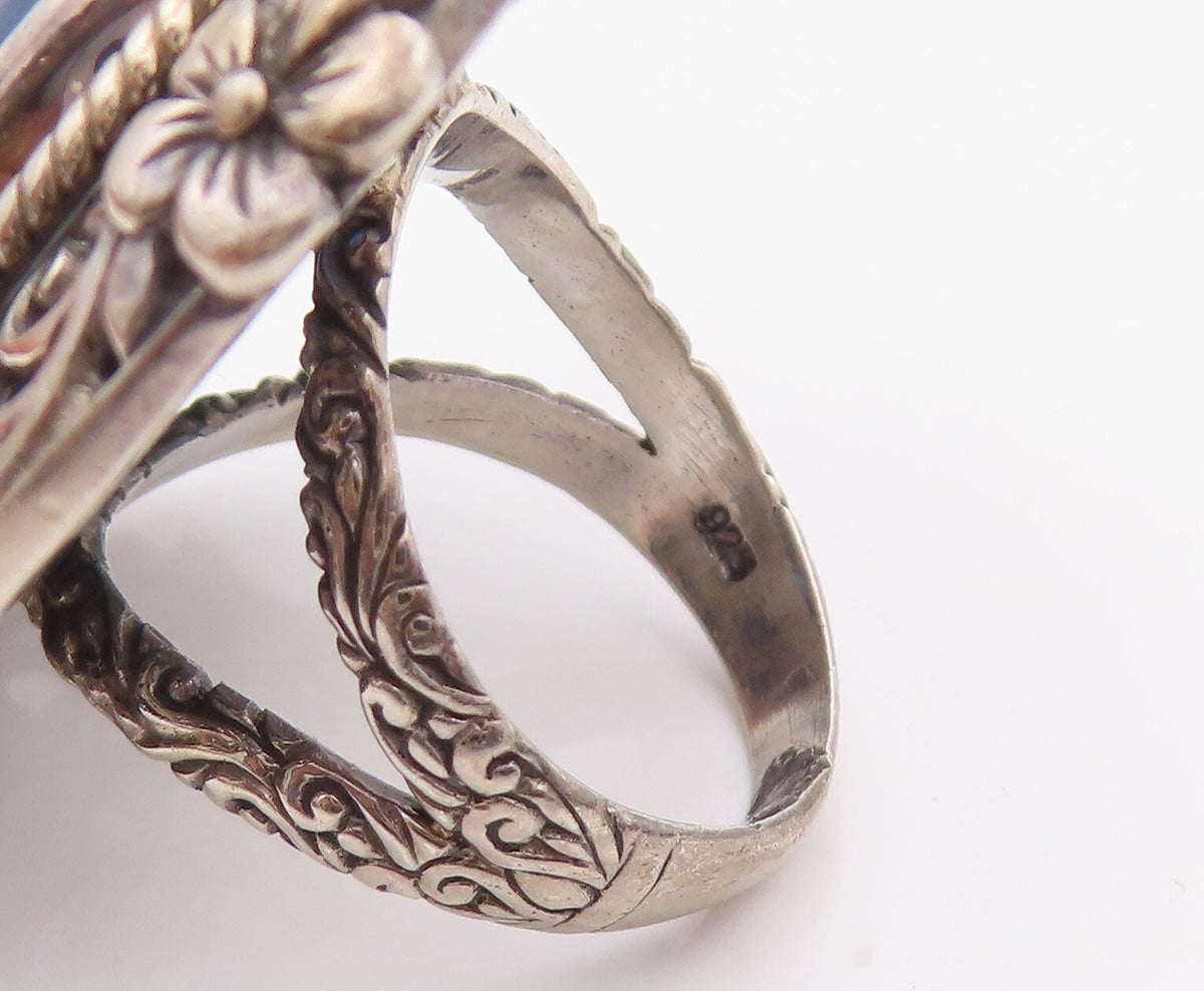 925 Sterling Silver Vintage Ring Oval Gemstone Floral Carved  SZ 6.5  RG32080