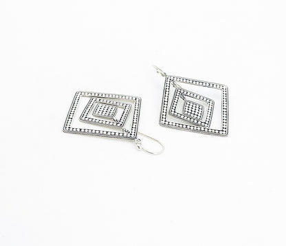 925 Sterling Silver  Shiny Circle Patterned Square Dangle Earrings  EG3429