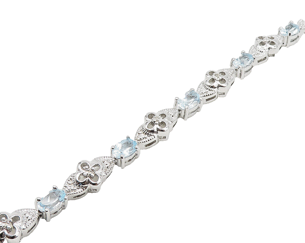 925 Sterling Silver  Shiny Genuine Diamond & Blue Topaz Chain Bracelet  BT7252