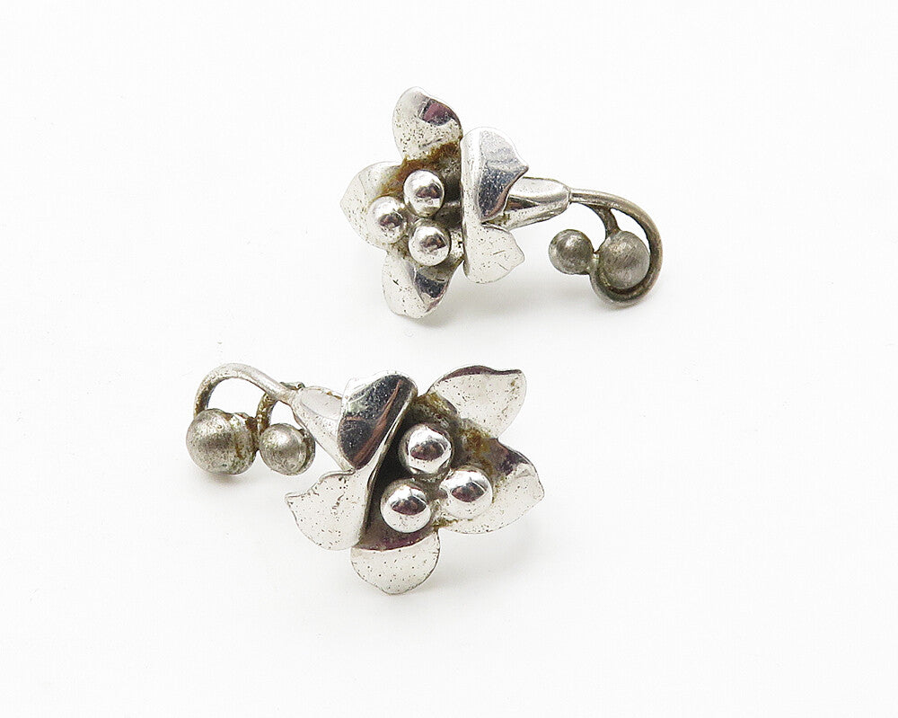 925 Sterling Silver  Vintage Shiny Sculpted Flower Non Pierce Earrings  EG5608