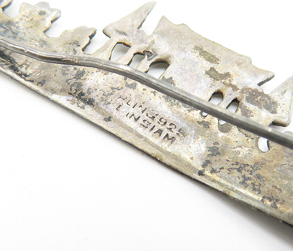 SIAM 925 Sterling Silver  Vintage Antique Niello Temple Brooch Pin  BP2170
