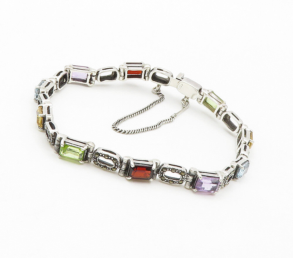 925 Sterling Silver Peridot Topaz & Multi Stone Shiny Chain Bracelet BT6074
