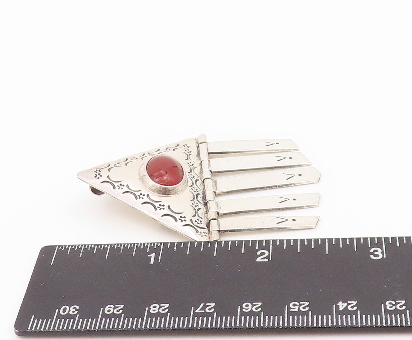 925 Sterling Silver Vintage Brooch Cabochon Carnelian Etched Triangle  BP11679