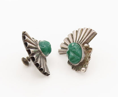 MEXICO 925 Silver  Vintage Carved Warrior Onyx Screw Back Earrings  EG12395