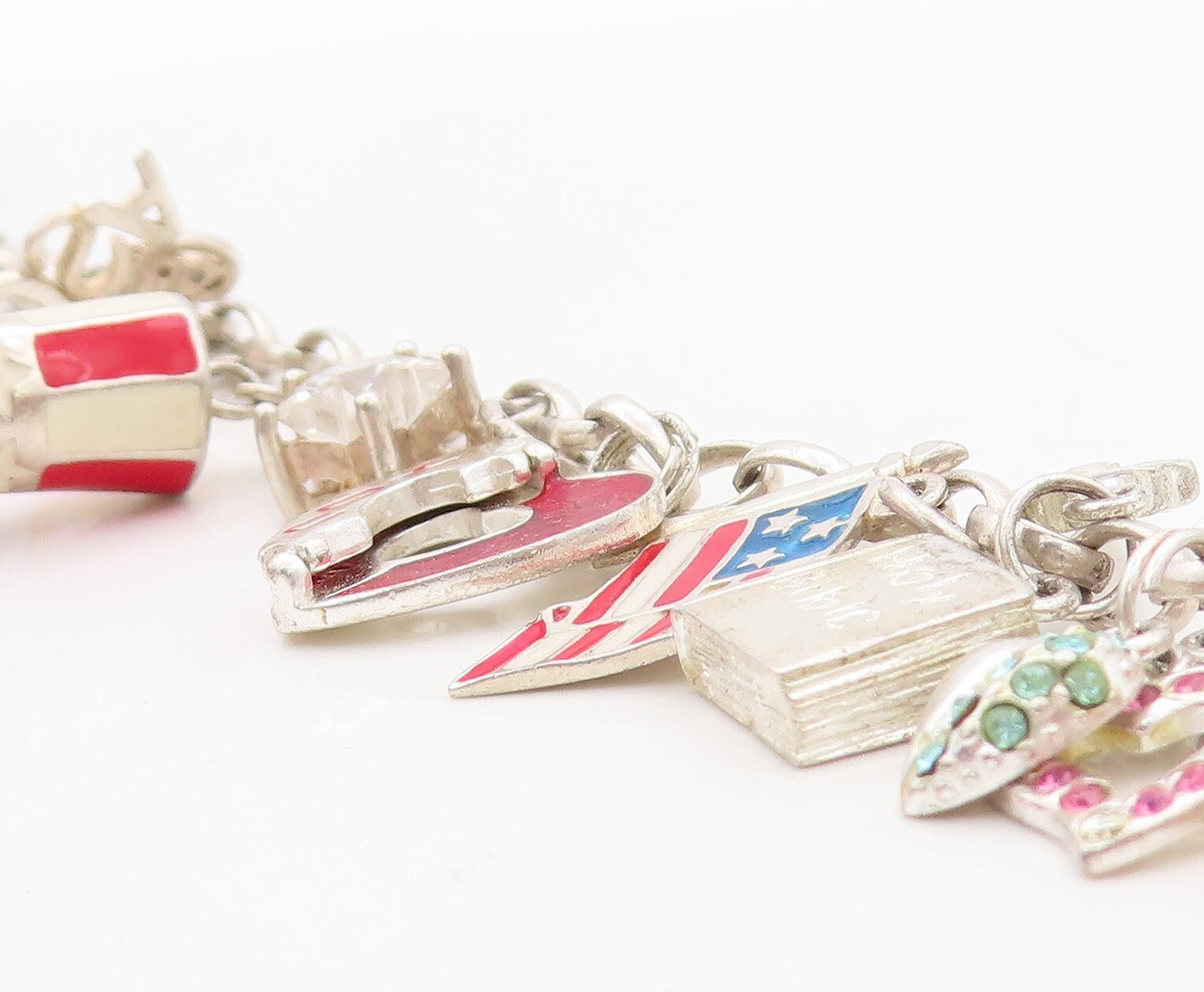 925 Sterling Silver Vintage Bracelet Dangling USA Charm Topaz Inlay  BT10805