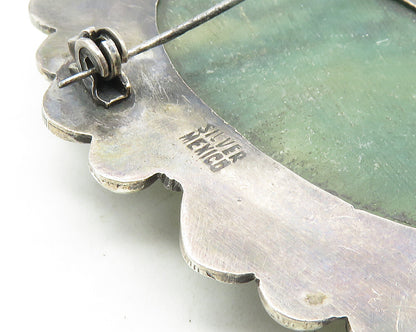 MEXICO 925 Sterling Silver  Vintage Antique Face Carved Jade Brooch Pin BP3848