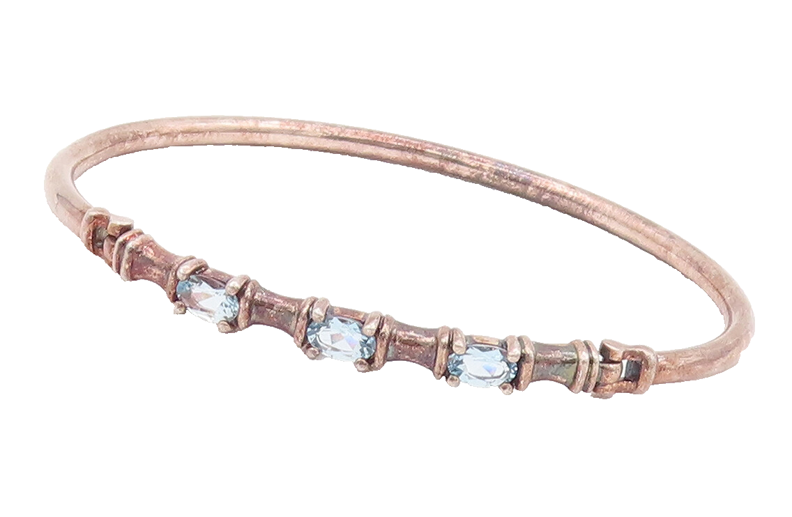925 Sterling Silver Vintage Bracelet Carved Hinge Oval Blue Topaz Bangle BT10372