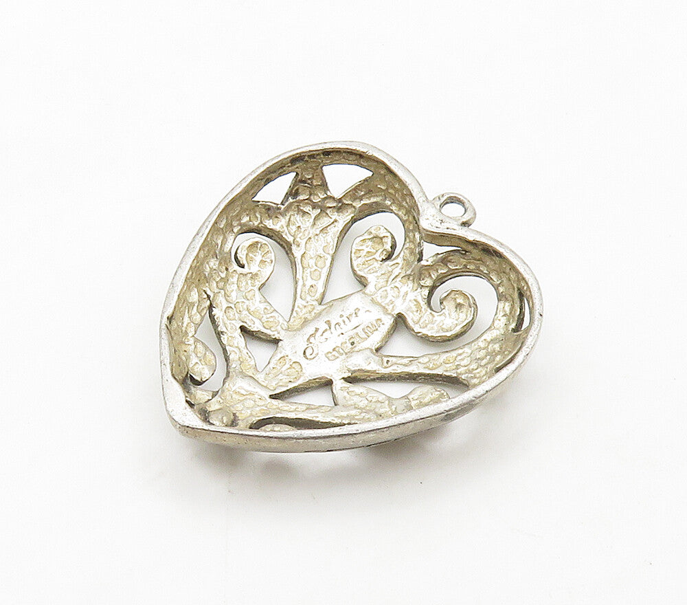 JEZLAINE 925 Silver  Vintage Floral Leaf Love Heart Dome Pendant  PT12584