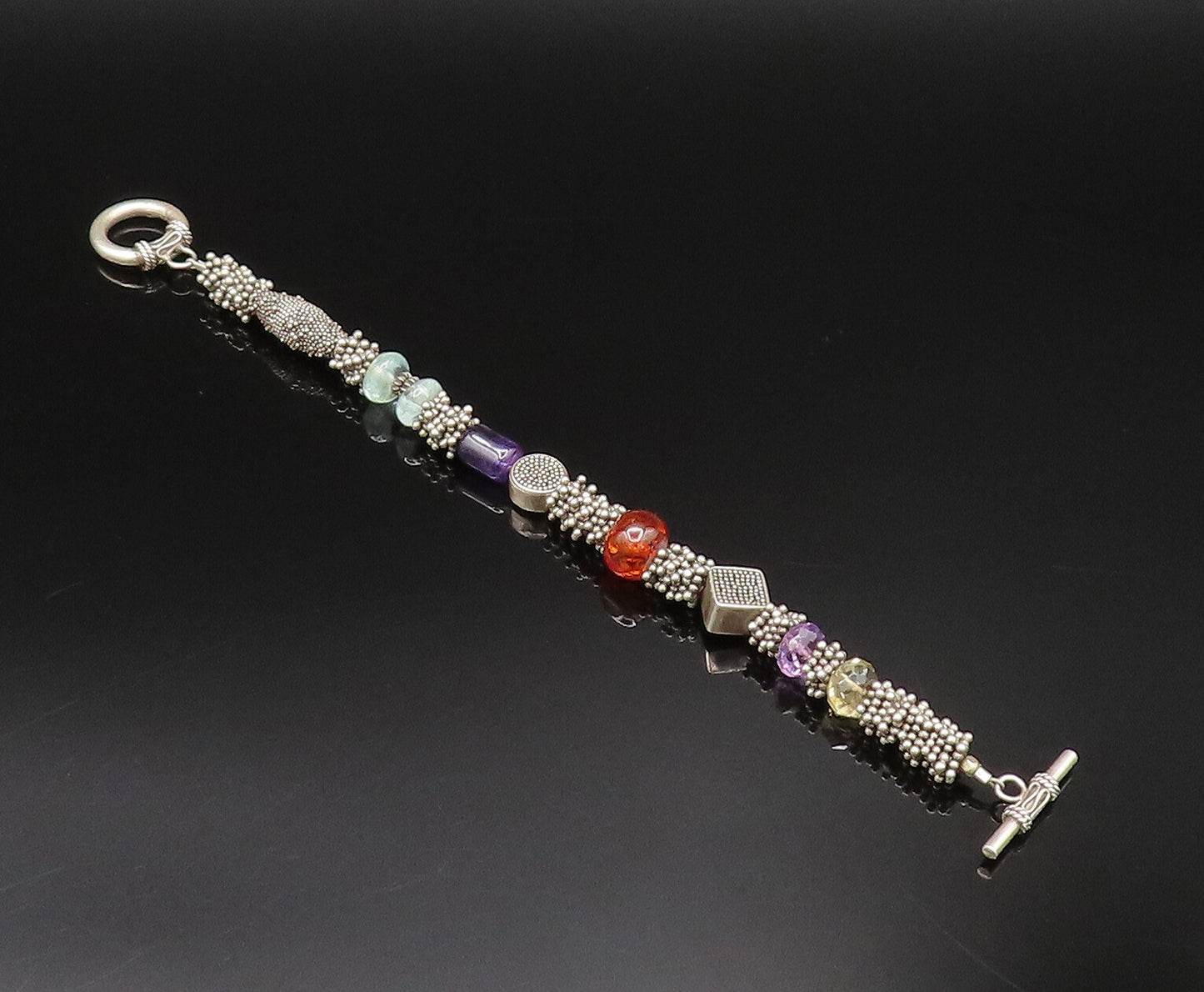 925 Silver  Vintage Beaded Cluster Amber Amethyst & Quartz Bracelet  BT9671