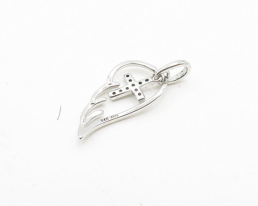 925 Sterling Silver  Topaz Religious Cross Angel Wing Motif Pendant  PT14668
