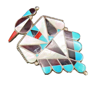 ZUNI NAVAJO 925 Silver  Vintage Onyx & Stones Peyote Bird Brooch Pin  BP10045