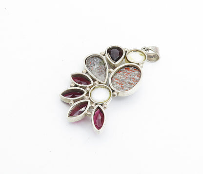 925 Sterling Silver  Vintage Pearls Garnet & Jasper Floral Pendant  PT5774