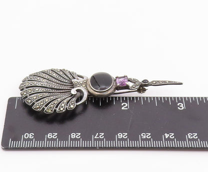 925 Sterling Silver Vintage Brooch Pin Multi Gemstone Shell Shaped Motif BP12447