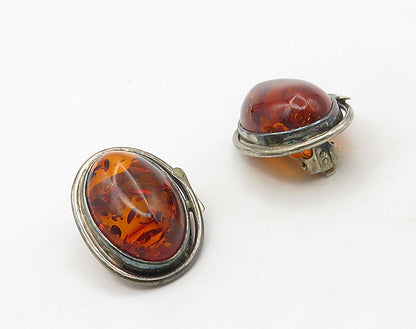 925 Sterling Silver  Vintage Cabochon Cut Amber Non Pierce Earrings  EG8274