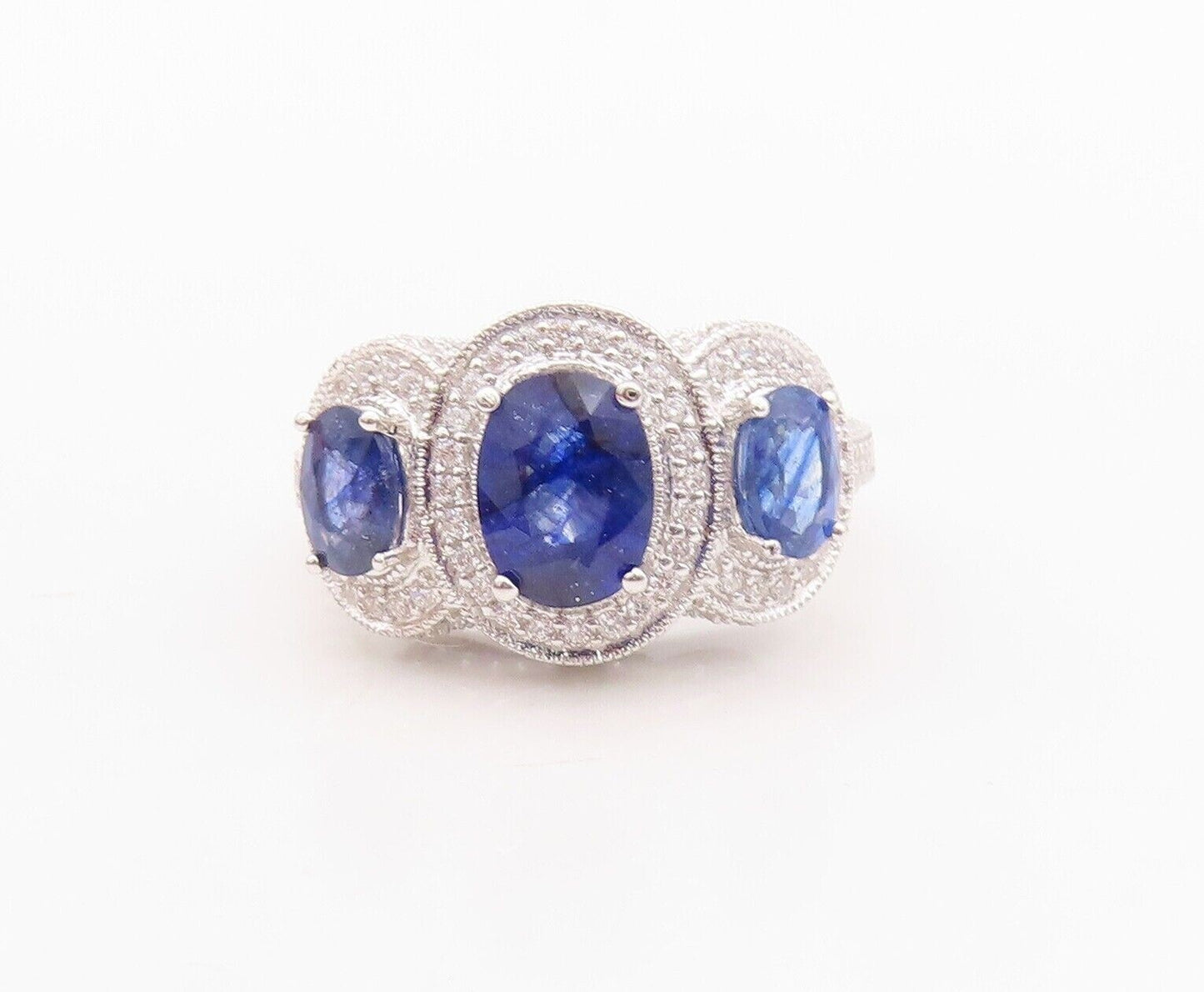 925 Sterling Silver Vintage Ring Oval Sapphire Halo CZ Inlay Sz 8 RG30009