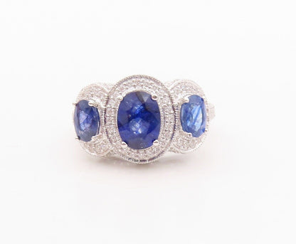925 Sterling Silver Vintage Ring Oval Sapphire Halo CZ Inlay Sz 8 RG30009