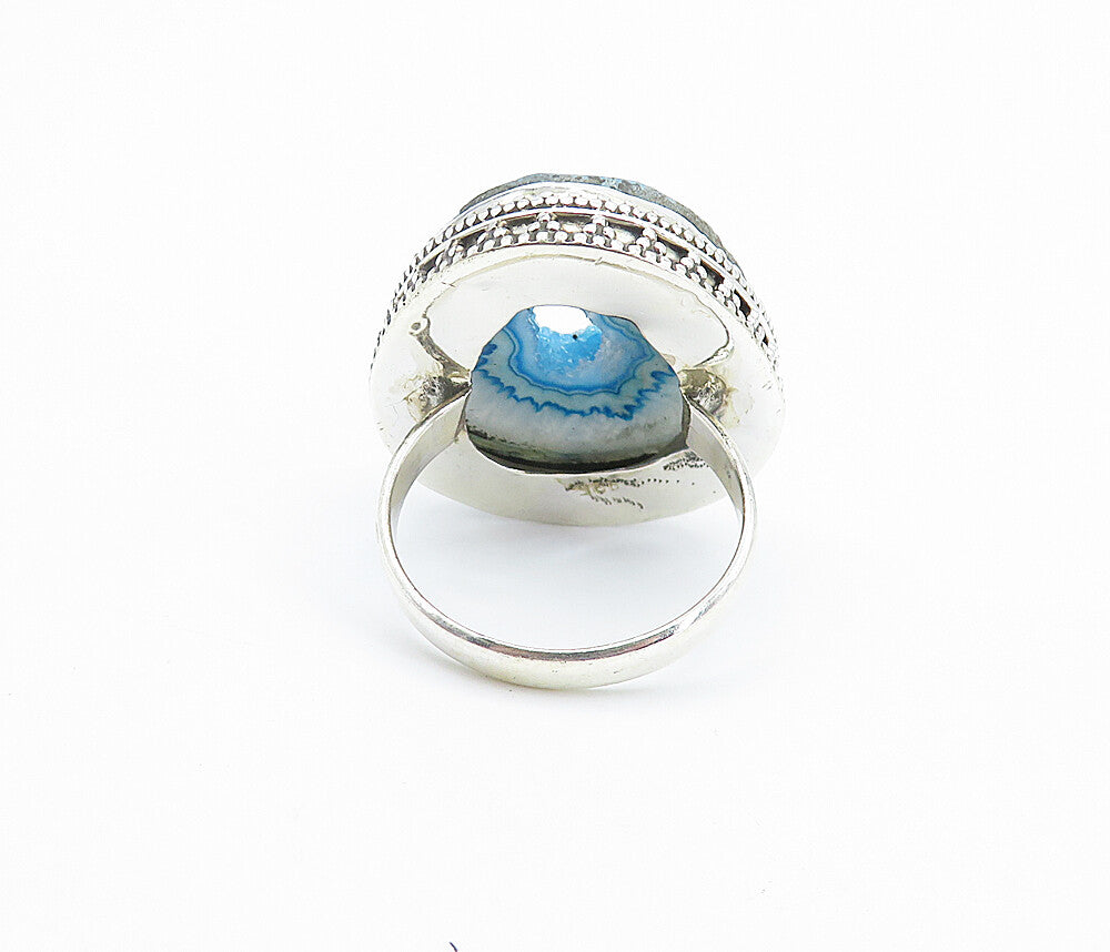 925 Sterling Silver  Blue Agate Patterned Border Cocktail Ring Sz 10.5  RG8175
