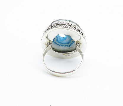 925 Sterling Silver  Blue Agate Patterned Border Cocktail Ring Sz 10.5  RG8175