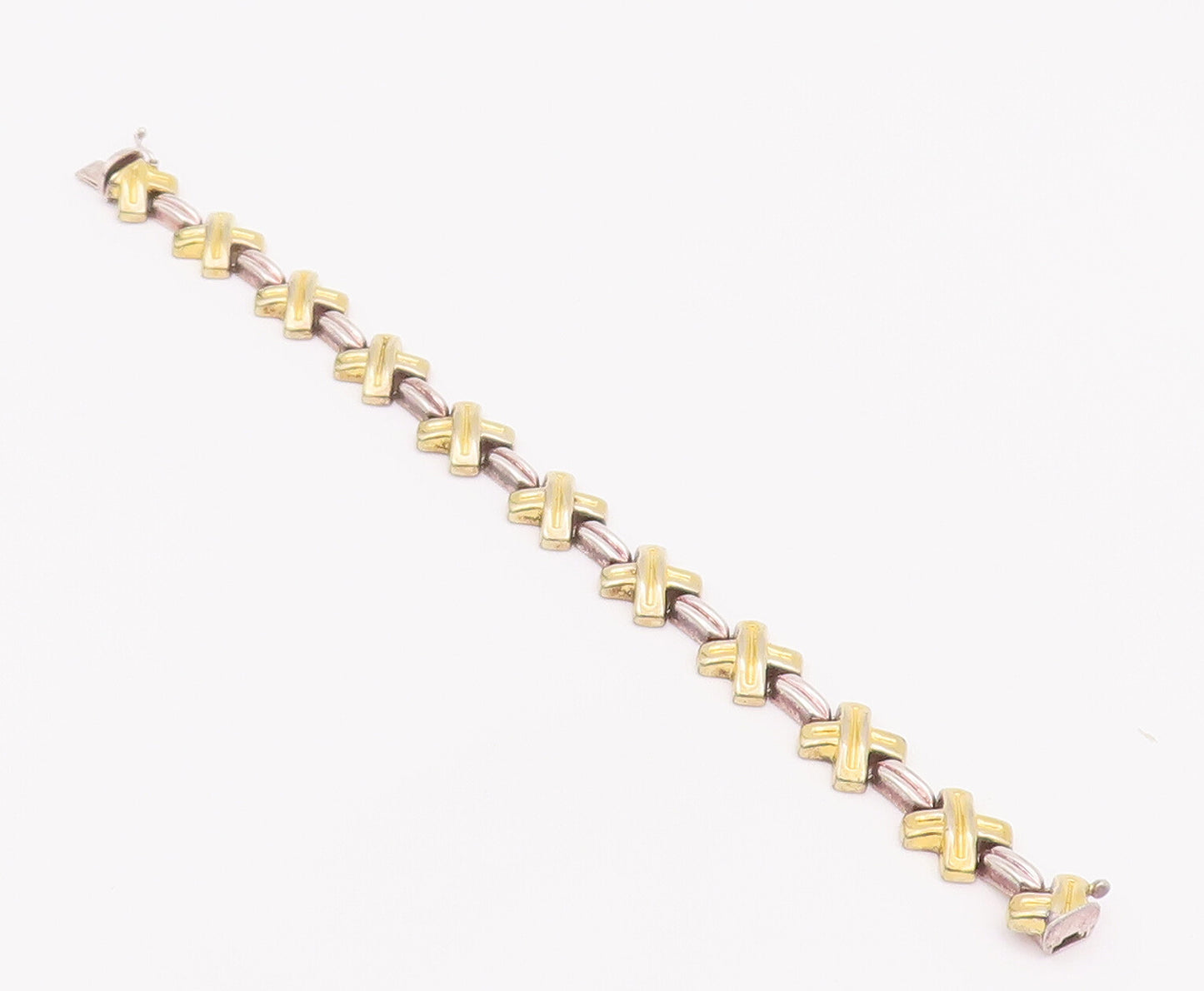 925 Sterling Silver Vintage Bracelet Fold Plated Cutout Cross And Links  BT10403