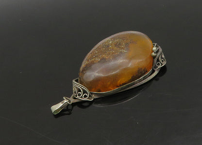925 Sterling Silver  Vintage Cabochon Cut Tear Drop Amber Pendant  PT18778