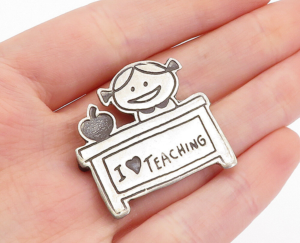 MEXICO 925 Sterling Silver  Vintage I Love Teaching Oxidized Brooch Pin BP1088