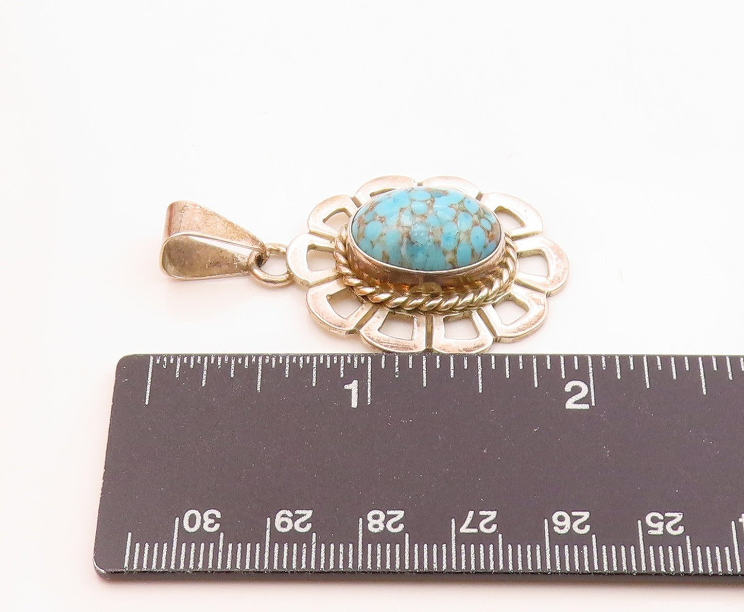 MEXICO 925 Silver  Vintage Cabochon Turquoise Flower Motif Pendant  PT16625