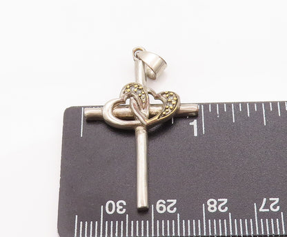 925 Sterling Silver Vintage Pendant Interlocked Carved Topaz Heart Cross PT22989