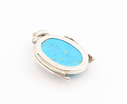 925 Sterling Silver Vintage Pendant Carved Turquoise Flower and Feather  PT24893