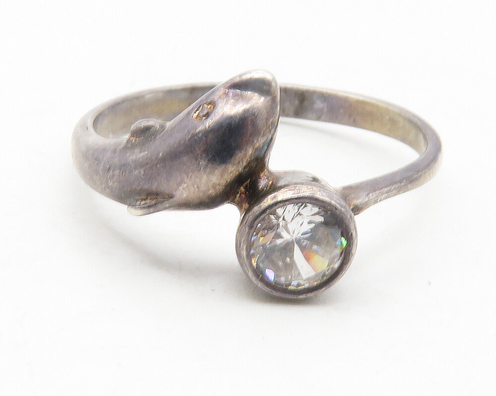 925 Sterling Silver  Vintage Cubic Zirconia Dolphin Bypass Ring Sz 8  RG11704