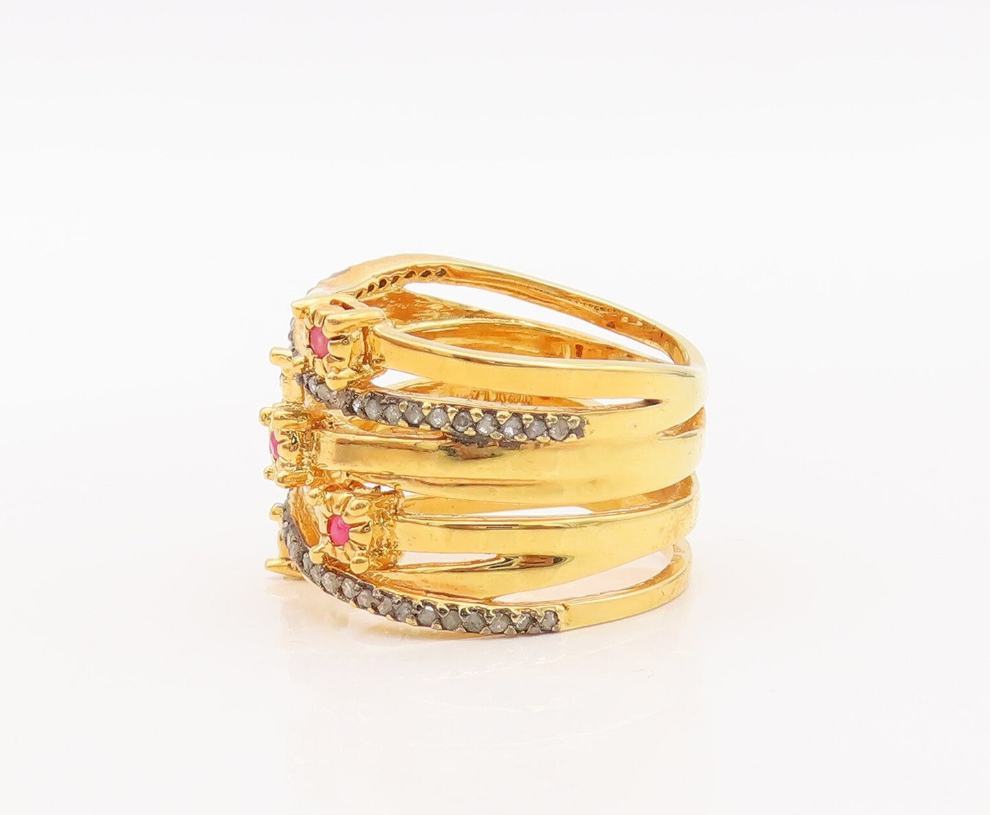 925 Sterling Silver Vintage Ring Gold Plated Ruby & Diamonds  Sz 8  RG29917