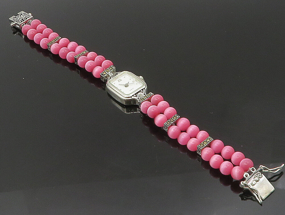 925 Sterling Silver  Beaded Cat's Eye & Marcasite Watch Bracelet  BT1022