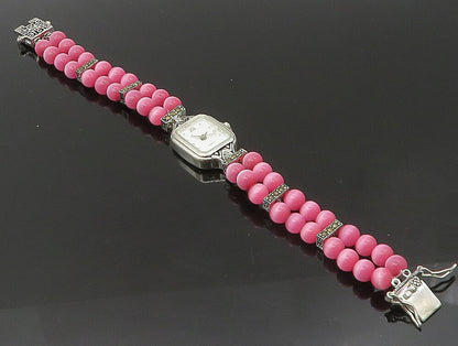 925 Sterling Silver  Beaded Cat's Eye & Marcasite Watch Bracelet  BT1022