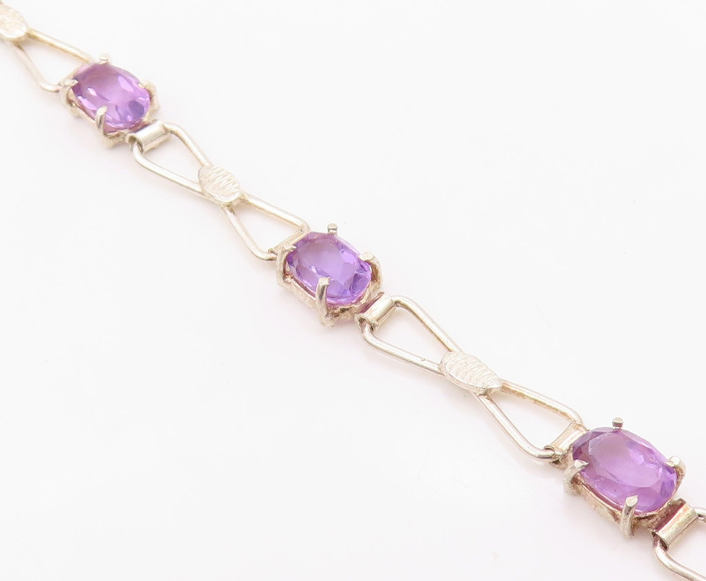 925 Sterling Silver Vintage Bracelet Elegant Amethyst & Ribbon Bow Link  BT12109