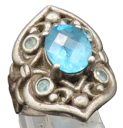 925 Silver  Vintage Paraiba Tourmaline & Topaz Scroll Ring Sz 7  RG25002