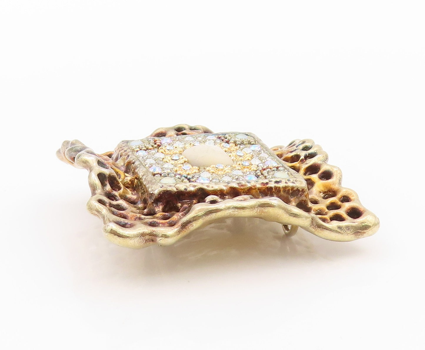925 Sterling Silver Vintage Brooch Pin Gold Plated Brutalist Rhinestone  BP11554