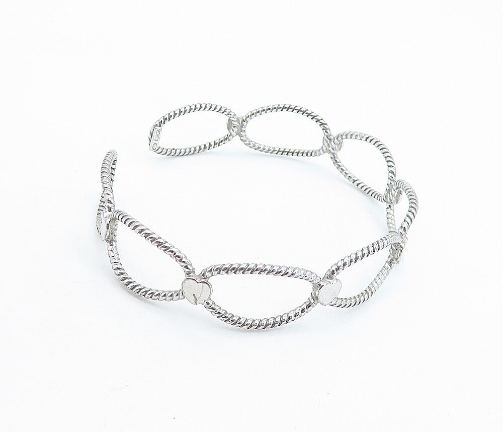 925 Sterling Silver  Shiny Love Heart Open Twist Design Cuff Bracelet  BT2441