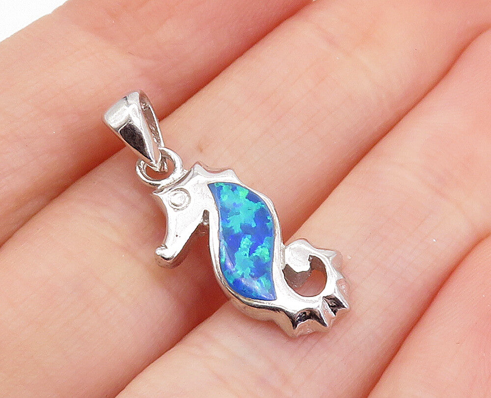 925 Sterling Silver  Inlaid Fire Opal Shiny Petite Seahorse Pendant  PT5696