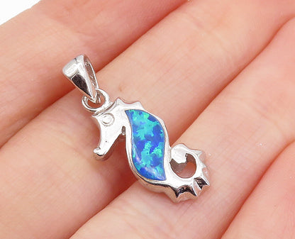 925 Sterling Silver  Inlaid Fire Opal Shiny Petite Seahorse Pendant  PT5696