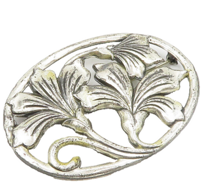DANECRAFT 925 Sterling Silver  Vintage Shiny Flowers Oval Brooch Pin  BP7579