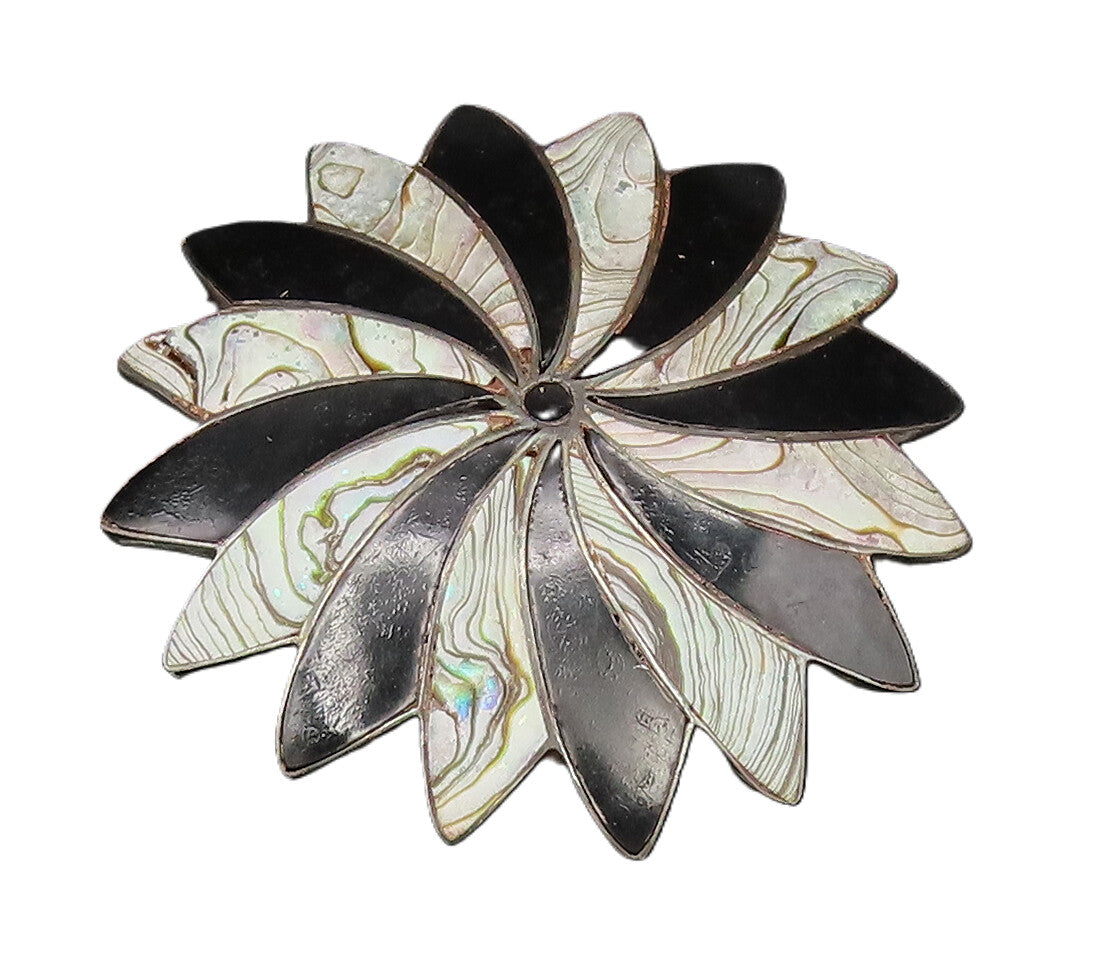 MEXICO 925 Silver  Vintage Black Onyx & Abalone Fidget Dome Brooch Pin  BP9993