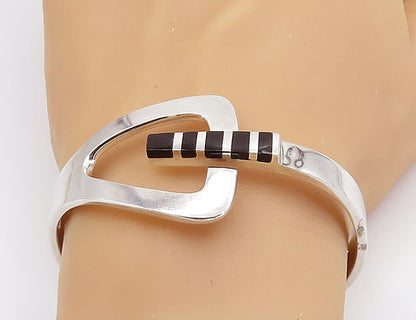 MEXICO 925 Sterling Silver  Vintage Black Onyx Striped Bangle Bracelet  BT1381