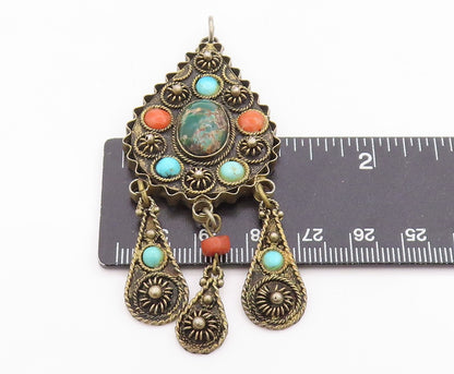 925 Sterling Silver Vintage Pendant Gold Plated Turquoise & Gemstones  PT24605