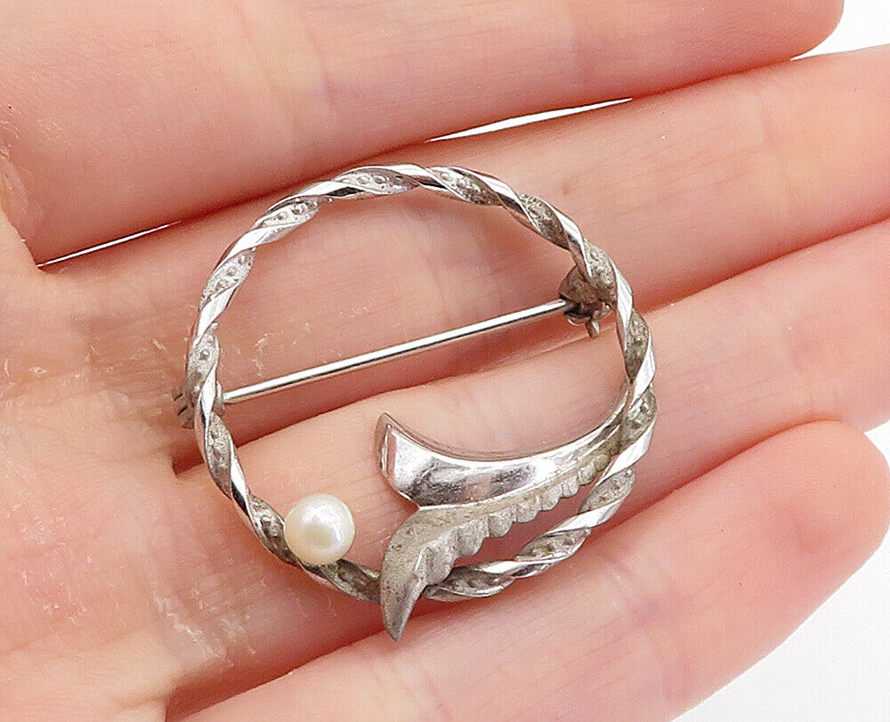 925 Sterling Silver  Vintage Petite Pearl Floral Leaf Twist Brooch Pin  BP2789