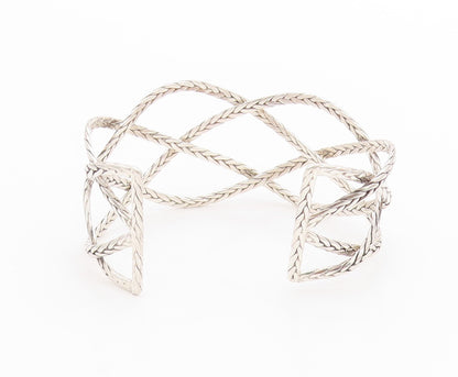 925 Sterling Silver Vintage Bracelet Cutout Breaded Ropes Woven Cuff  BT11357