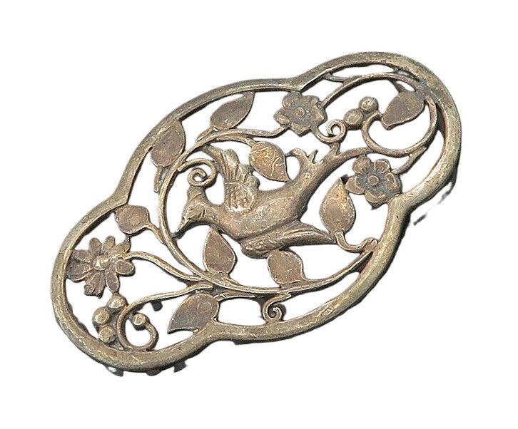 925 Sterling Silver  Vintage Dark Tone Floral Bird Scene Pendant  PT14244