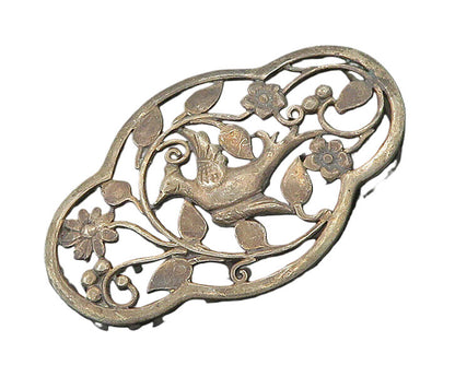 925 Sterling Silver  Vintage Dark Tone Floral Bird Scene Pendant  PT14244