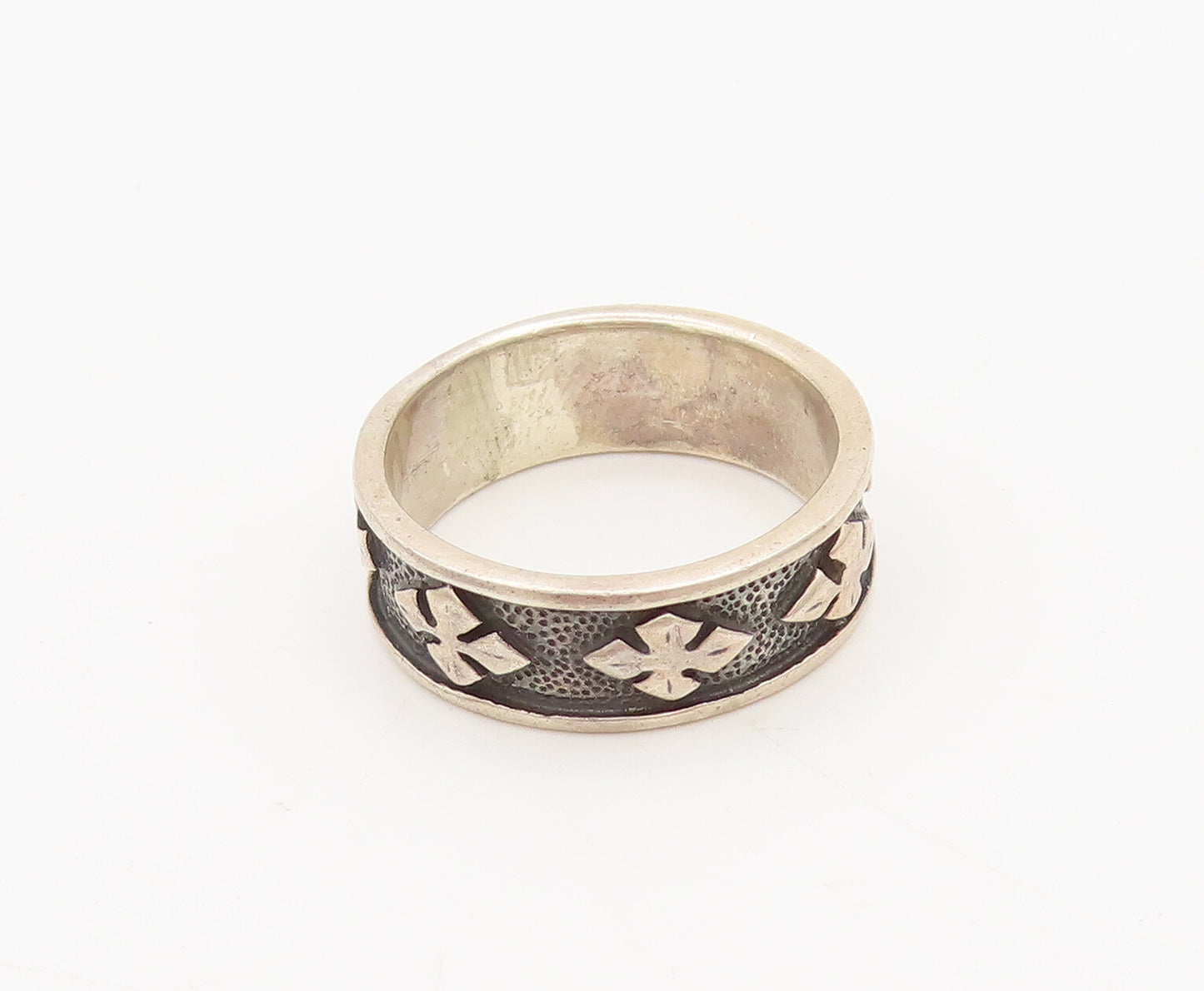 925 Silver  Vintage Carved Pointed Flower Raised Bordered Ring Sz 6.5  RG26785